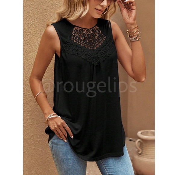 Black Guipure Crochet Detail Long Tank Top Loose Fit - Picture 2 of 7